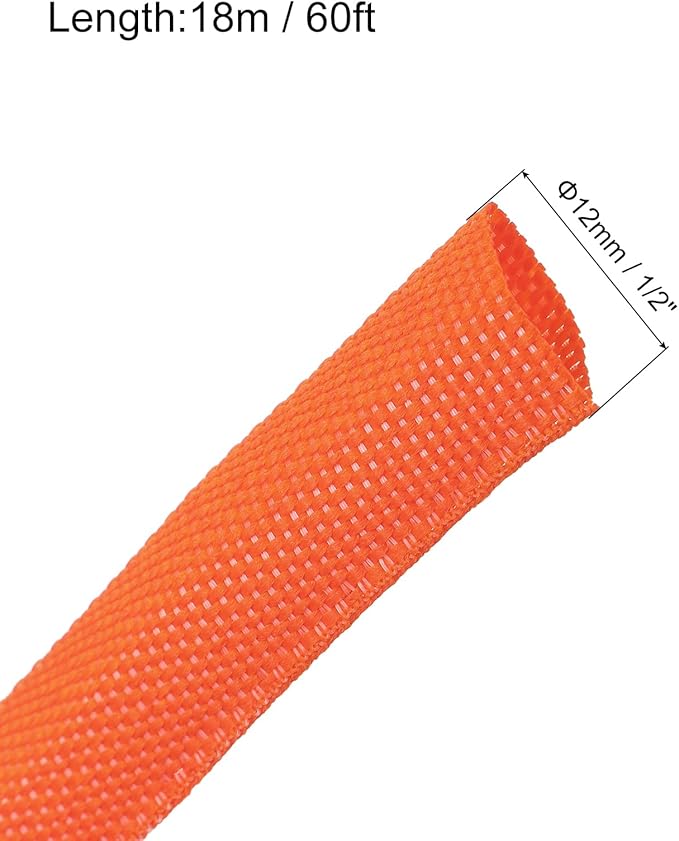 MECCANIXITY Braided Cable Sleeves Heat Shrinkable Fabric Sleeving, 1/2" 60ft Orange 2:1 Ratio Heat Shrinkable Cord Protector for Harness Cable, Network Cable Protection, Cable Management