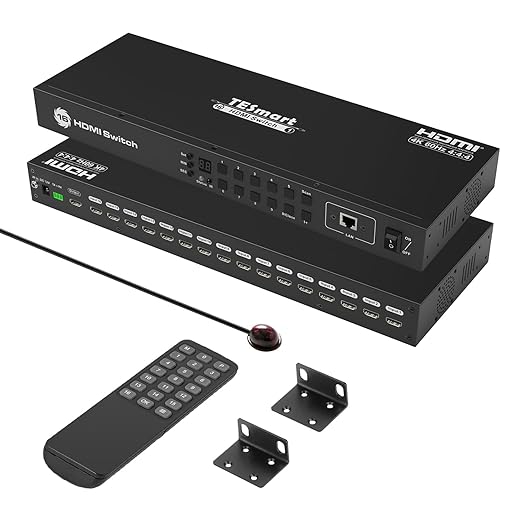 TESmart 16×1 HDMI Switch 16 in 1 Out 4K HDMI Switcher with IR Remote 4K@60hz 16 Port HDMI Switch Box HDCP 2.2,Auto Switch,19-inch Rack-Ears Mount,LAN Port Control,Auto Scan Switch