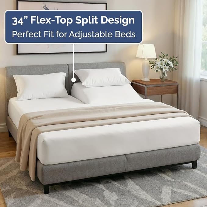 Split Head King Sheet Set – 4 Piece Flex Split Top King Sheets for Adjustable Beds - Fits 14” to 16" Mattress w/ Deep Pockets - Breathable & Cooling - Luxury Bedding and Wrinkle Free - Antique White
