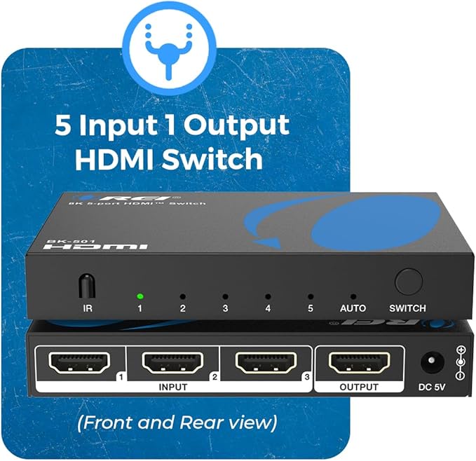 OREI 8K HDMI Switch 5 in 1 Out – HDMI Switch with Remote 8K@60Hz 4:2:0/4K@120Hz 4:4:4-48Gbps Switcher with HDR10+, VRR, ALLM & QFT, CEC - for PS5, Xbox, Roku, Fire TV