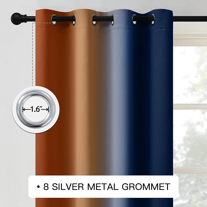 COSVIYA Grommet Ombre Dark Blue & Burnt Orange Curtains W52 x L84 Inch | - Image 4