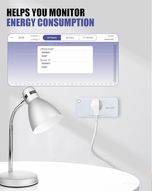 BALDR Wi-Fi Home Power Monitor Consumption Watt Meter w/Smart Socket - Electric Meter w/Tariffs & Budget Alerts, Power Meter Home Energy Monitor, Electricity Usage Monitor Smart- 2.4GHZ Network Only
