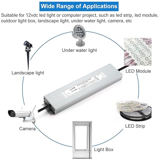 LED Power Supply 150 Watts LLTOP Waterproof IP67 LED Driver 100-264V AC to 12V DC 12.5A Low Voltage Transformer Converter Ultra Slim Power Adapter for Indoor Outdoor LED Lights