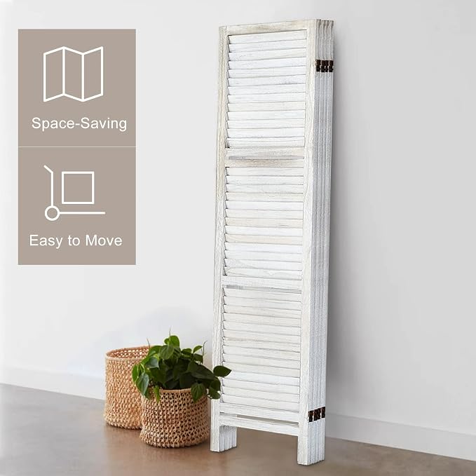 Room Divider with Shelves, 4 Panel Distressed White | Partition Room Dividers - Image 5