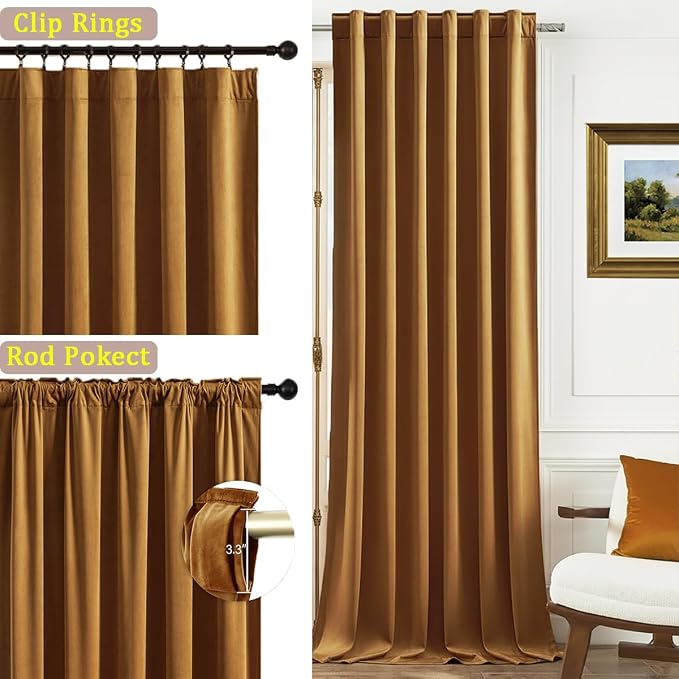 Timeper Gold Brown Velvet Curtains W62 x L84 inches 2 Panels, Light Blocking - Image 2