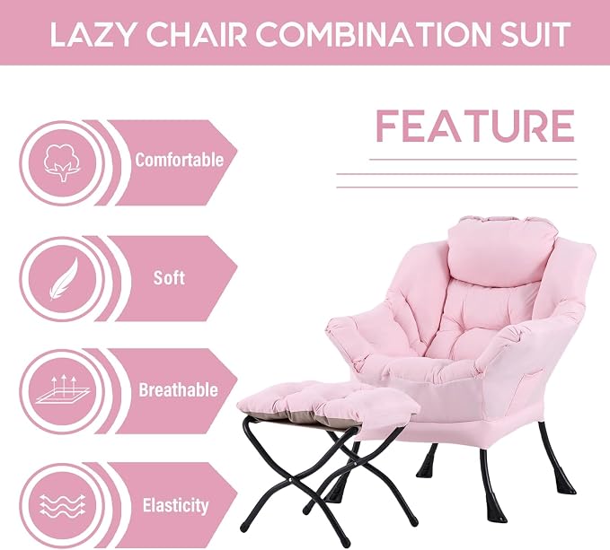 Lazy Chair with Ottoman, Comfy Accent Reading Chair, Removable Cover, with - Image 5