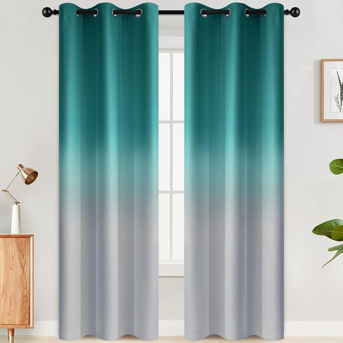 SimpleHome Teal to Grey White Ombre Room Darkening Curtains 84 Inch | Curtains by SimpleHome