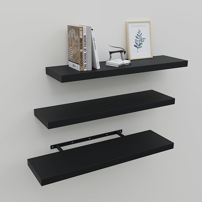 Floating Shelves for Wall Set of 3, Solid Metal Brackets, Large Storage by Upassion