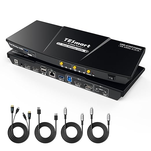 TESmart MST USB-C/HDMI/DP KVM Switch 2 Monitors 2 Computers, USB 3.0 KVM Dual Monitor for Laptop&Desktop, 4K@60Hz, 60W PD, Gigabit Network, Hotkey Switch, with Input Cables