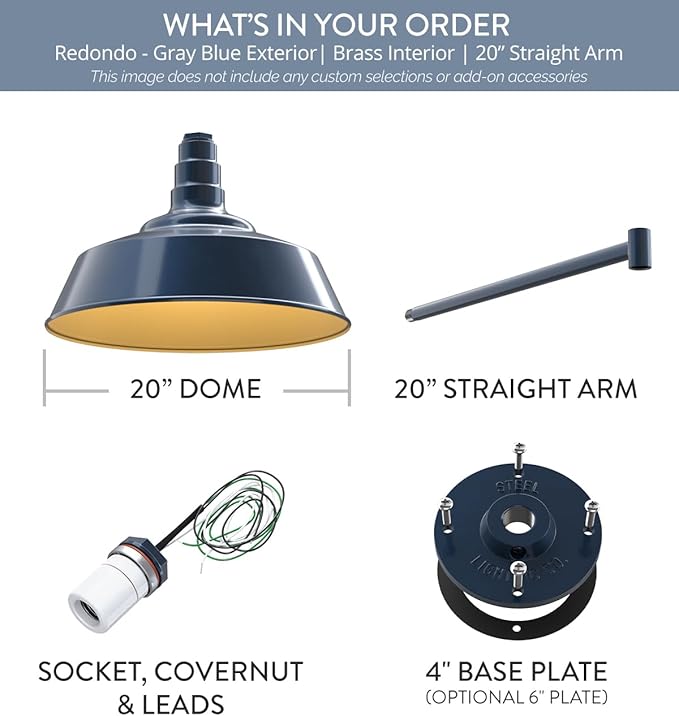 Steel Lighting Co. Large Outdoor Barn Light |Garage Light Fixture | Made in America from 18-Gauge Steel | 20" Dome | 20" Straight Arm Gray Blue Exterior/Brass Interior