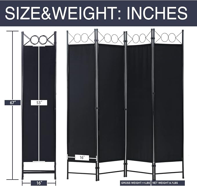 Room Divider 4 Panels 6FT Room Divider Black Privacy Panel Screens | Wall - Image 7