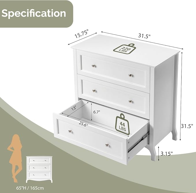 Bonnlo 31.5" W White Nightstand 3 Drawer Chest, Night Stand - Image 2