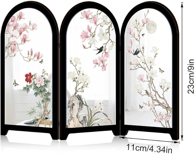 Mini Folding Screen, 3 Panel Divider, Chinese Style Vintage Desktop Mirror - Image 2