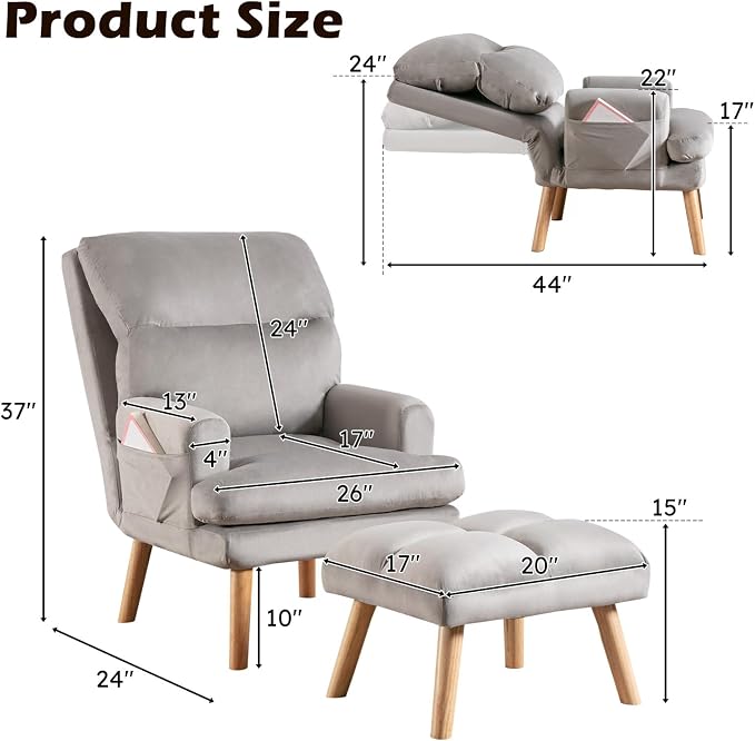 IOMOR Accent Chair with Ottoman, Velvet Fabric Chair Armchair with Adjustable - Image 2