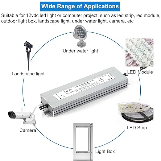 LLTOP LED Driver 100 Watts Waterproof IP67 Power Supply AC100-264V to 12V DC 8.3A Low Voltage Transformer Ultra Thin Adapter for Outdoor LED Lights, Computer Project