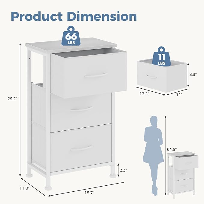 DUMOS 3 Drawer Nightstand for Bedroom, Small Night Stand Chest of Drawers | - Image 3