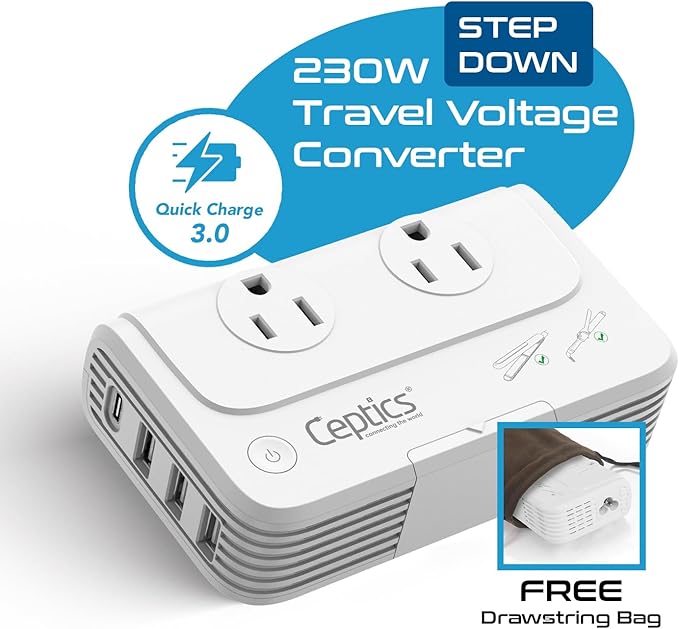 Ceptics Egypt, Dubai, Jordan Voltage Converter, Convert 220V to 110V for Devices Like Curling Iron Straightener Chargers 4 USB PD 18W Fast Charging Type H, C, G