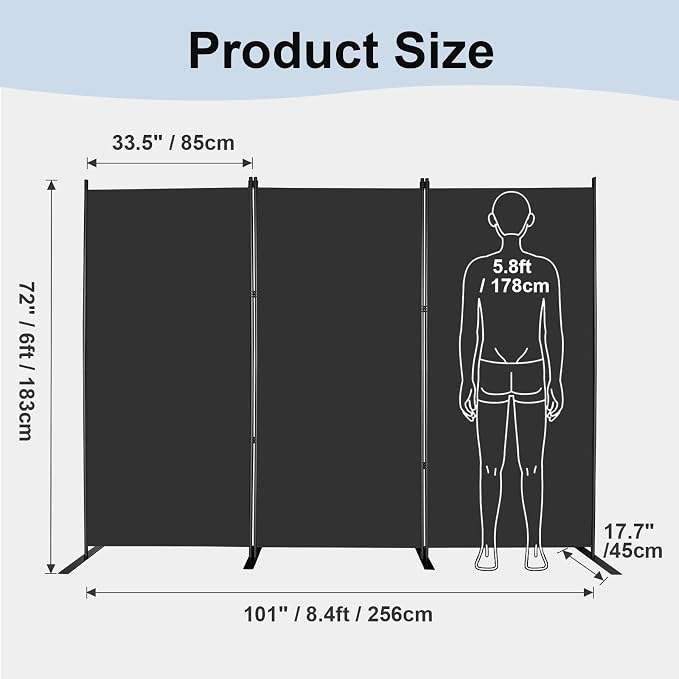 MAYOLIAH 3-Panel Black Room Divider 6ft Tall Folding Privacy Screen | w/ - Image 5
