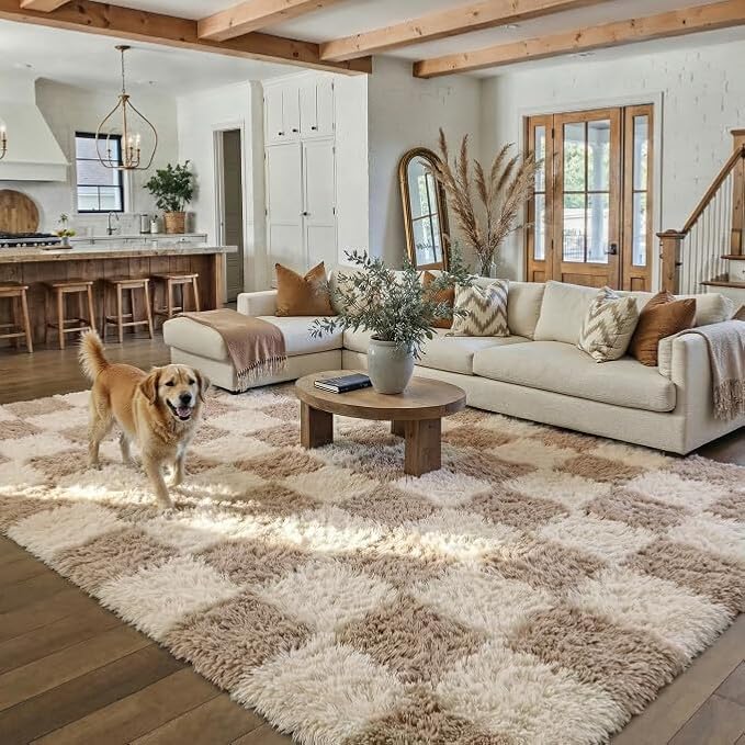 Beige 5x8 Area Rug for Living Room Soft Checkered Shag Carpet | Machine Washable by PureCozy