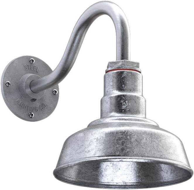 Steel Lighting Co. Hawthorne Barn Light | Outdoor Wall Mounted | 8 inch Dome | 11 inch Gooseneck| Small Farmhouse Light Made in America | Galvanized Exterior/Galvanized Interior