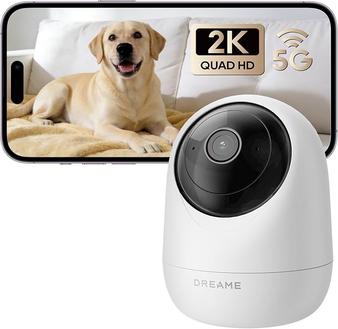DREAME Pet Dog Camera, 1080P 3MP Indoor Security Camera Motion Detection, 5G/2.4G Dual-Band Wi-Fi, Physical Privacy Mode, Night Vision, 2-Way Audio, Cloud & SD Card Storage, Works with Alexa & Google