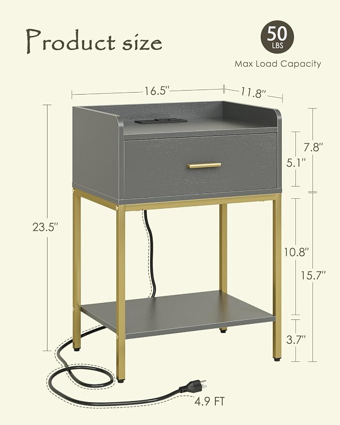Nightstand with Charging Station, 3-Tier Bedside Table - Image 2