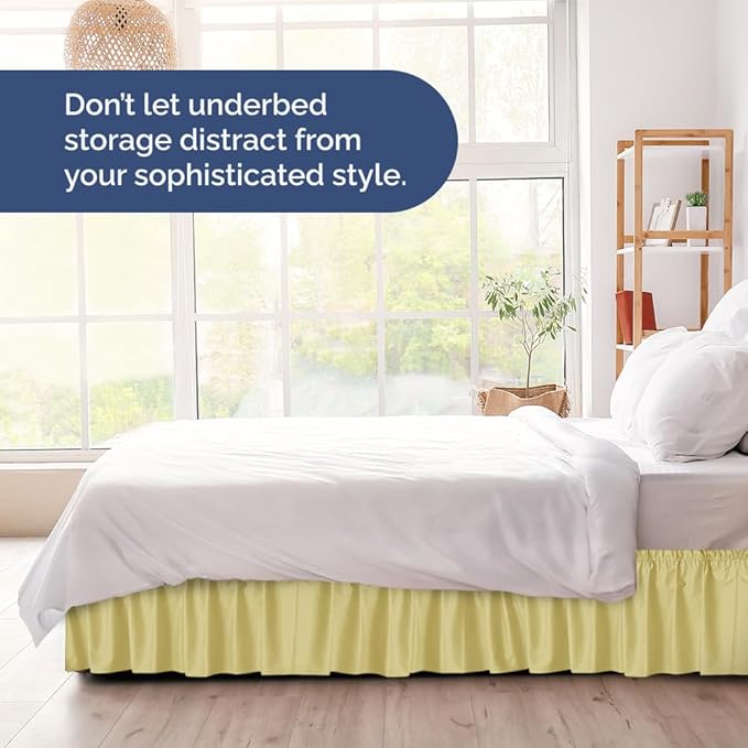 Wrap Around Dust Ruffle Bed Skirt - Yellow - for Queen Size Beds with 18 Inch Drop - Easy Fit Elastic Strap - Adjustable Pleated Bedskirt w/Brushed Fabric Wrinkle Free - for Women, Men, Kids & Teens