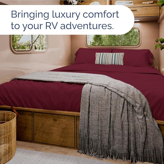 RV Short Queen Sheet Set 60 X 75 - 4 Piece RV Short Queen Bed Sheets - Soft, Breathable & Cooling - Designed for Bunks, Trailers & Campers - Fits 8” to 12" Mattress - Hotel Luxury Bedding - Burgundy