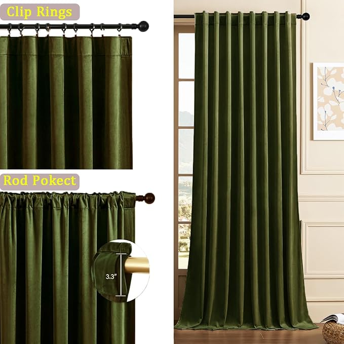 Timeper Hunter Green Velvet Curtains W52 x L108 inches 2 Panels, Back Tab & Rod - Image 2