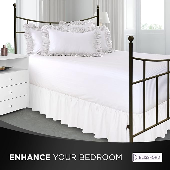 BLISSFORD White Bed Skirt Twin XL Size 18 inch Drop - with Split Corners - Cotton Blend Ruffled Bed Skirt, Dust Ruffle with Platform, White Twin XL Bedskirt, Machine Washable