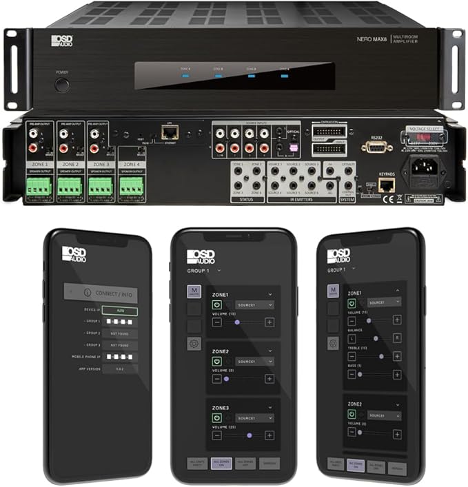 OSD Audio Nero Max8: 4-Zone, 4-Source Amplifier 80W Power, Multi-Room Audio Control, App Integration for iOS & Android, Expand up to 12 Zones, Control4 Driver Support