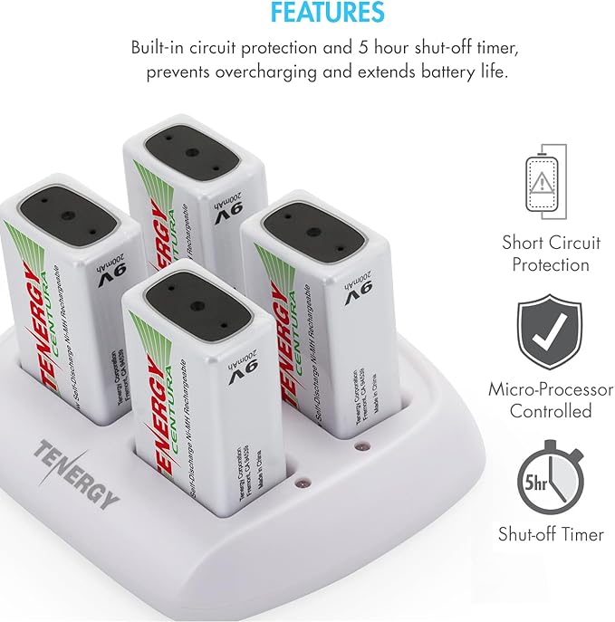 Tenergy TN136 Smart 9V 4-Bay Battery Charger for Rechargeable NiMH 9 Volt Batteries