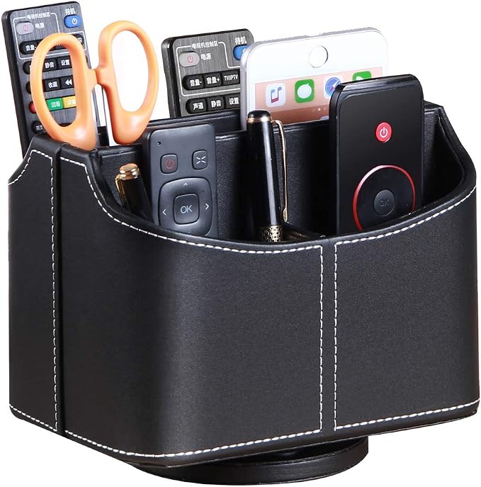 PU Leather 360° Rotatable Remote Control Holder, Nightstand TV Remote Caddy | by PUSU