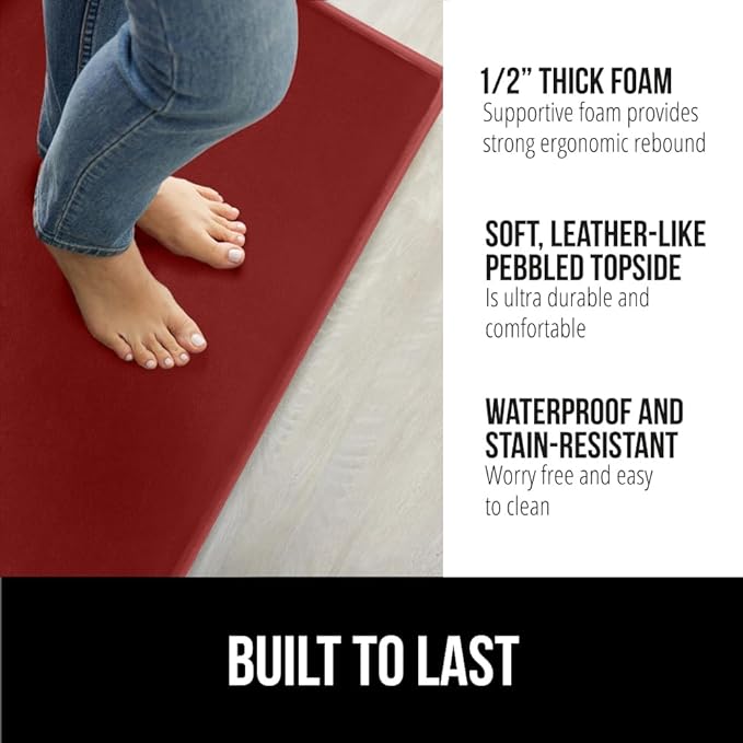 GORILLA GRIP 2 Pack Comfortable Cushioned Kitchen Mats for Floor, 17x24 + 17x48, Waterproof and Stain Resistant, 1/2 Inch Thick Soft Ergonomic Standing Desk Anti Fatigue Mat, Foam Supports Feet, Red