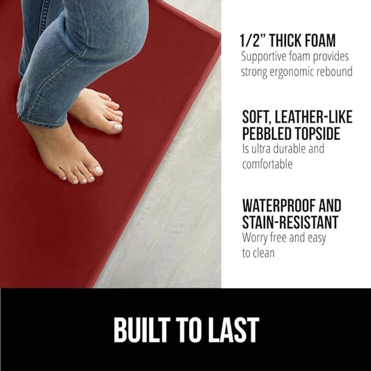 GORILLA GRIP 2 Pack Comfortable Cushioned Kitchen Mats for Floor, 17x24 + 17x48, Waterproof and Stain Resistant, 1/2 Inch Thick Soft Ergonomic Standing Desk Anti Fatigue Mat, Foam Supports Feet, Red