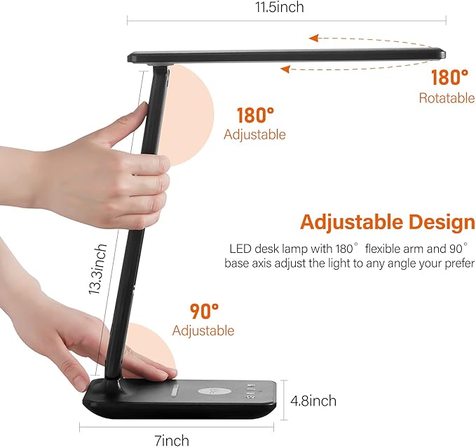 poukaran LED Desk Lamp with Wireless Charger, USB Charging Port, Table Lamp with Clock, Alarm, Date, Temperature, Desk Lamps for Home Office,Black