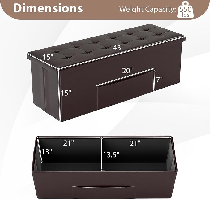 Giantex 43 Inches Folding Storage Ottoman Bench, Upholstered PU Leather Storage - Image 3