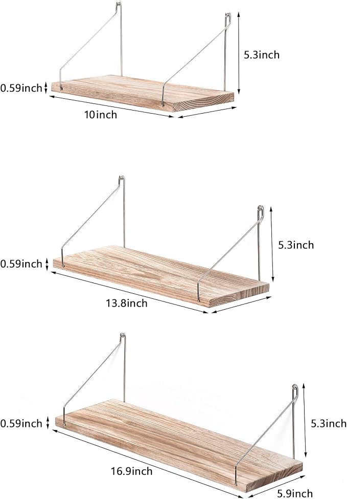 Floating Wall Shelves, Rustic Wood Wall Mounted Shelf Set of 3 | No Drill - Image 7