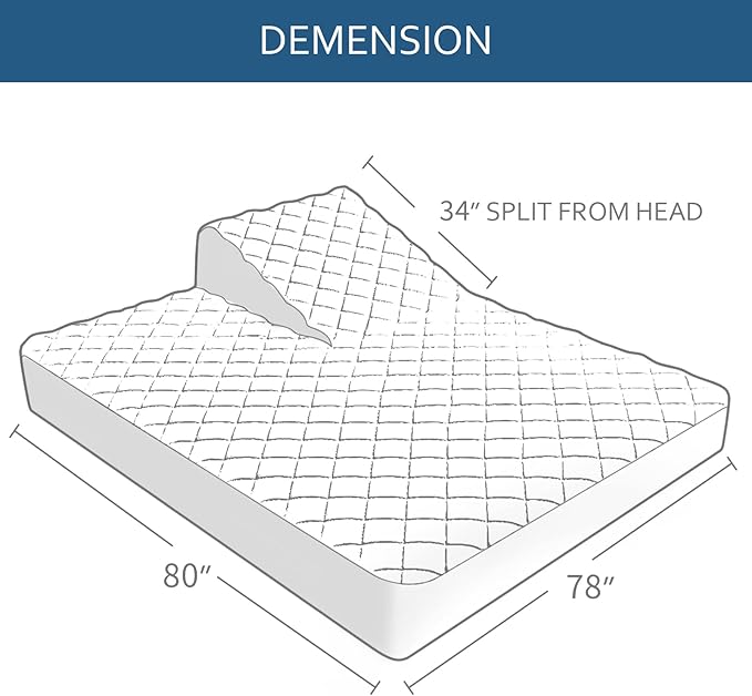 Waterproof Split Top King Mattress Pad Protector for Adjustable Bed, 34" Top Split from Head, Noiseless, Soft Padded Matress Protector