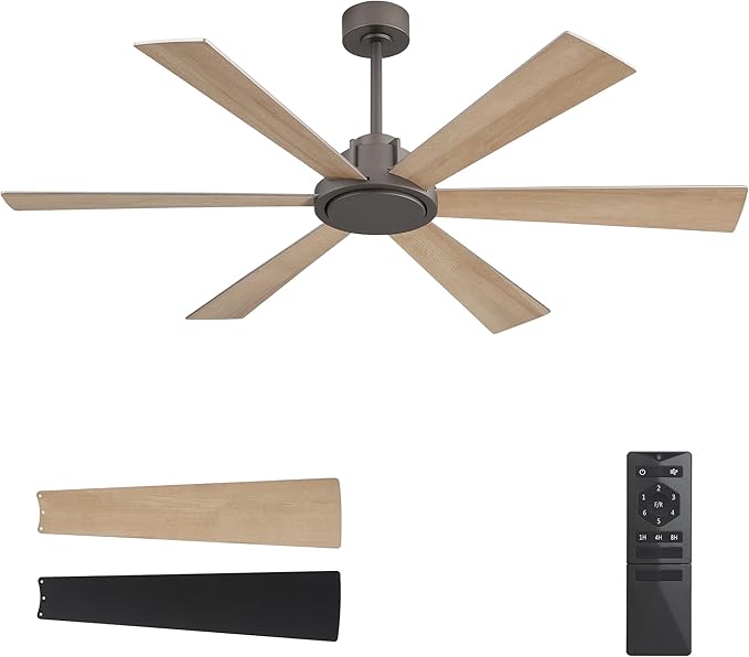 WINGBO 60 Inch Ceiling Fan without Light - 6 Plywood Blades, 6-Speed Reversible DC Motor, Noiseless Remote Control Ceiling Fan No Light for Bedroom Living Room Kitchen, Charcoal Gray and Wood/Black