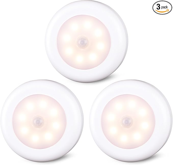 STAR-SPANGLED 3 Pack 3.1” Motion Sensor Lights Indoor AA Battery Operated, Stick on LED Puck Light for Closet, Stairs, Under Cabinet, Kitchen, Warm White