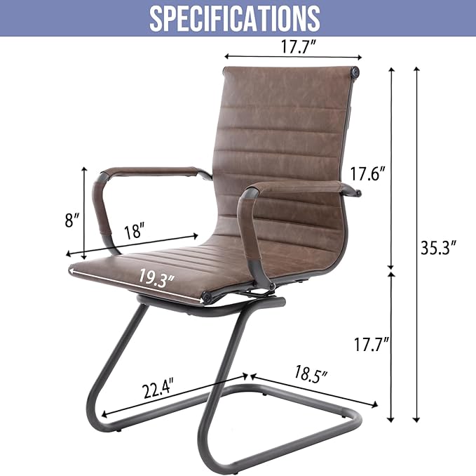 WAHSON OFFICE CHAIRS - No Wheels & Reception Seats, Leather Waiting Room Mid Back Conference Seats with Sled Base for Meeting/Lobby/Restroom, Brown (4 Pack)