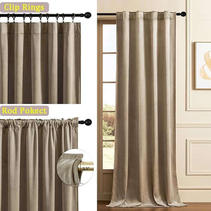 Timeper Taupe Velvet Curtains 108 inches 2 Panels, Light Blocking Curtains - Image 2