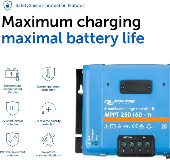 Victron Energy SmartSolar MPPT Tr Solar Charge Controller (Bluetooth) - Charge Controllers for Solar Panels - 250V, 60 amp, 12/24/36/48-Volt