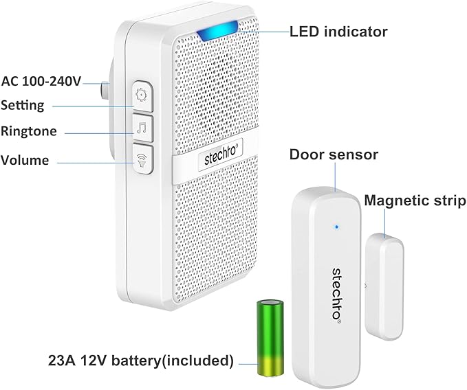Door Chime, Wireless 600Ft Range 5 Levels Adjustable Volume Magnetic Door Open Contact Sensor with 62 Chimes Mute Mode Door Bell Plugin Receiver for Home/Office/Store White (1 Receiver + 2 Sensors)