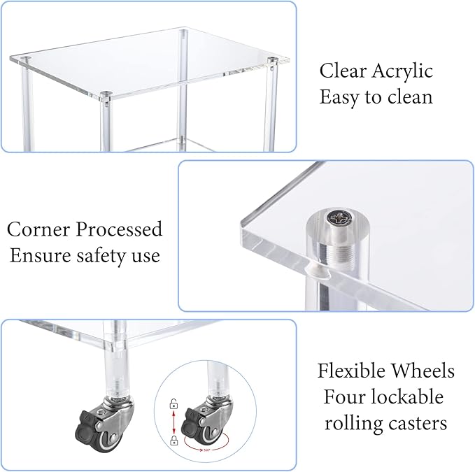HMYHUM Acrylic Printer Stand - 2-Tier Under Desk Printer Table with Wheels - Multifunctional Rolling Cart for Office & Home, Clear