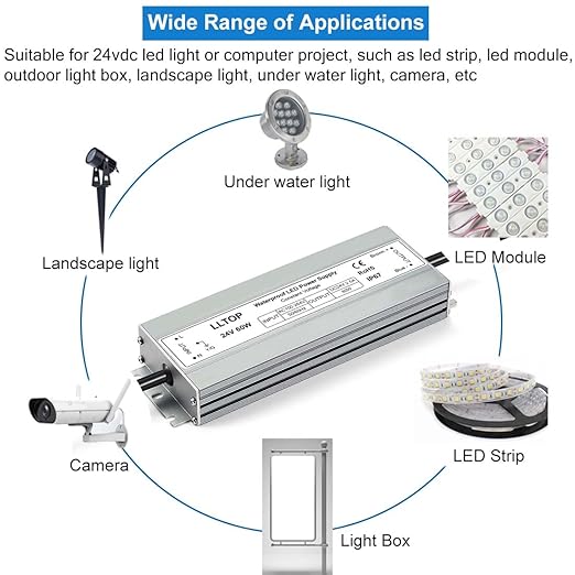 LLTOP LED Driver 60 Watts 100-264V AC to 24V DC 2.5A Power Supply Waterproof Low Voltage Transformer Ultra Thin Converter for Indoor Outdoor LED Lights