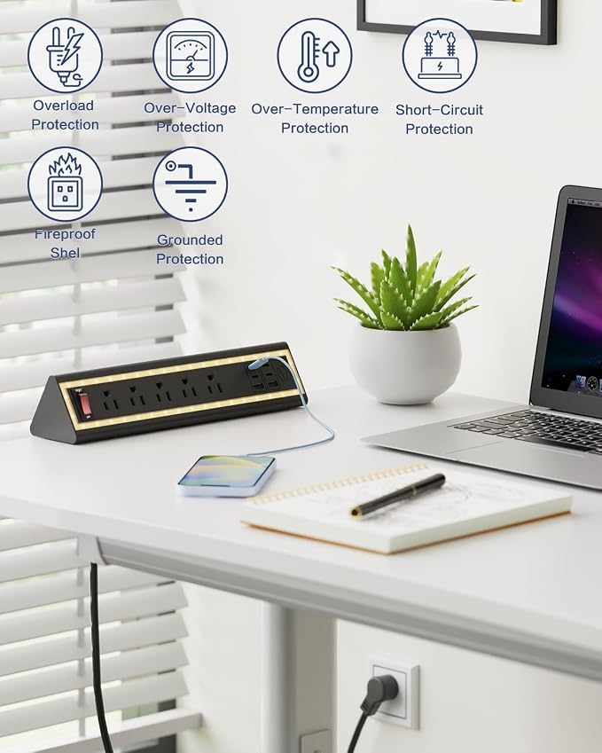 Desk Clamp Power Strip with Nightlight, 40W Fast Charging, 6FT Extension Cord - Image 5