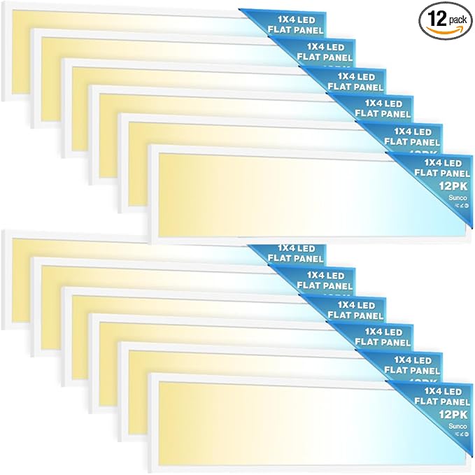 Sunco 12 Pack 1x4 LED Flat Panel Light, Dual Selectable CCT 3500K/4000K/5000K & Selectable Wattage 30W/40W/46W, 5700LM, 0-10V Dimming, Matte White Drop Ceiling Fixture - ETL, DLC