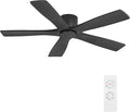 WINGBO 48" Flush Mount DC Ceiling Fans Without Lights, 5 Carved Solid Wood Blades, 6-Speed Reversible DC Motor, Low Profile Hugger Ceiling Fan No Lights for Living Room Bedroom Patio, Matte Black